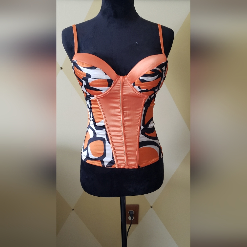 Vibrant Orange and Black Patterned Bustier